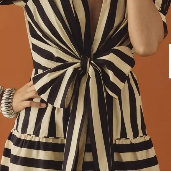 FARM Rio Black and Cream Striped Mini Dress with Front Tie - Picture 7 of 11